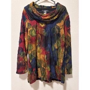 Ali Miles Cowl Neck Top Large Lagenlook Tie Dye Artsy Textured Colorful Tunic